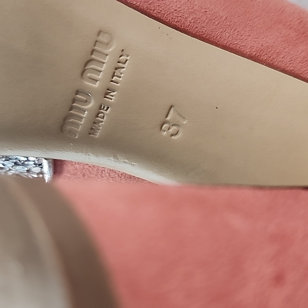 Miu Miu Silver Coral Coarse Glittery and Suede Peep Toe Pumps Heels. 37 - Picture 10 of 13